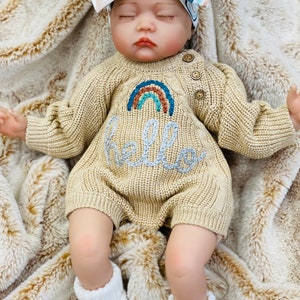 Gender Neutral Baby Coming Home Outfit, Going Home Outfit Neutral Newborn, Embroidered Sweater Knit Bodysuit, Bubble Romper Hat Bow Booties image 3
