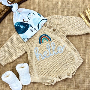 Gender Neutral Baby Coming Home Outfit, Going Home Outfit Neutral Newborn, Embroidered Sweater Knit Bodysuit, Bubble Romper Hat Bow Booties image 4
