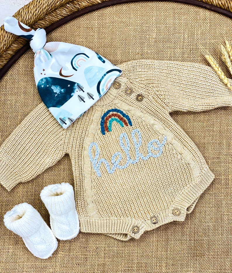 Gender Neutral Baby Coming Home Outfit, Going Home Outfit Neutral Newborn, Embroidered Sweater Knit Bodysuit, Bubble Romper Hat Bow Booties image 4