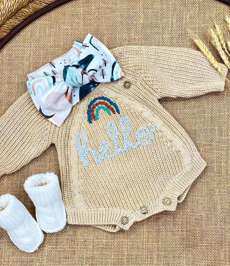 Gender Neutral Baby Coming Home Outfit, Going Home Outfit Neutral Newborn, Embroidered Sweater Knit Bodysuit, Bubble Romper Hat Bow Booties image 5