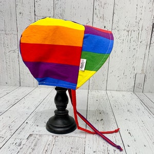 Reversible Summer Bonnet with Brim Handmade Tie Straps Gender Neutral Pride Rainbow Stripes