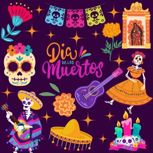 Dia De Los Muertos Clipart Mexikanische Halloween PNG Zuckerschädel SVG Tag der Toten Calavera Sofortiger Download Hochwertige transparente PNG