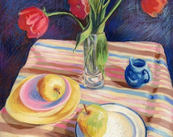 Quality, Fine Art, Giclee, Print, "Green Apples and Tulips," created in Pastel, on Acid-free paper