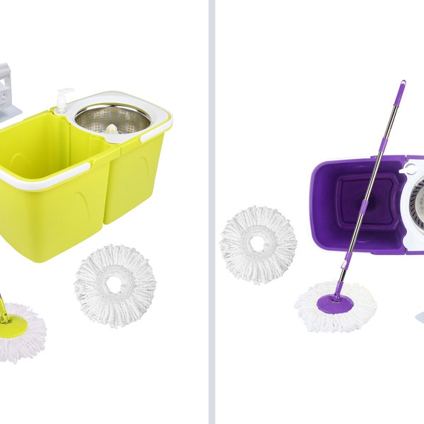Spin Mop and Buckets Sets Separate Stackable Buckets with 2 Microfiber Heads Rotatable Perfect for Hardwood, Laminate, and Tiled Use