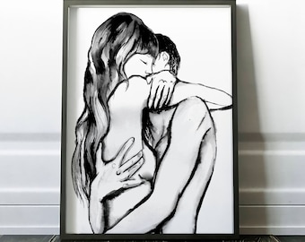 Älskare omfamnar tryck, romantiskt parkonst (digital nedladdning)