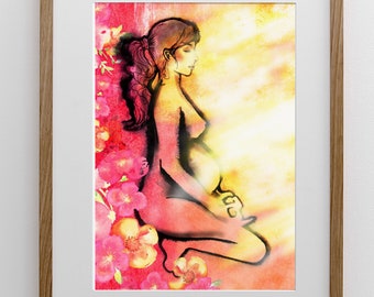 Konsttryck för gravidyoga, akvarell asana, blivande mamma (digital nedladdning)