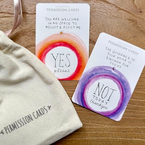 May include: Two permission cards with watercolor backgrounds. The first card is orange and red with the text "You are welcome in my space to adjust & assist me" and "YES please". The second card is purple and blue with the text "The guidance of your voice is enough for today" and "NOT today thankyou".