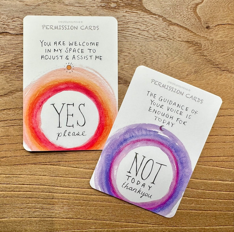 May include: Two permission cards with watercolor backgrounds. The first card has a red, orange, and yellow background with the text "You are welcome in my space to adjust & assist me" and "YES please". The second card has a purple, blue, and pink background with the text "The guidance of your voice is enough for today" and "NOT today thankyou".