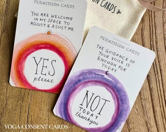 May include: Two rectangular permission cards with rounded corners. One card features a red and orange watercolour circle with the text 'YES please' and 'YOU ARE WELCOME IN MY SPACE TO ADJUST & ASSIST ME'. The other has a purple circle with 'NOT TODAY thankyou' and 'THE GUIDANCE OF YOUR VOICE IS ENOUGH FOR TODAY'.