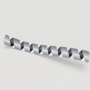 May include: A beaded bracelet with a geometric design. The bracelet features a repeating pattern of hexagonal beads in shades of gray, white, and black. The beads are arranged in a spiral pattern, creating a textured and visually interesting accessory.