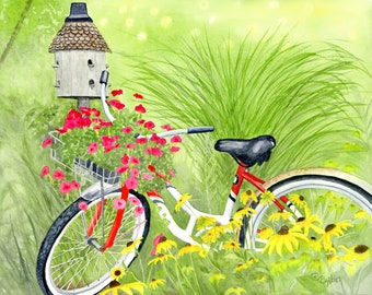 Bicycle painting/ Garden/ watercolor/ print / home decor/ art print