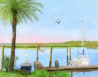 Southport Marina/ Marina watercolor/ watercolor print / beach house decor/ Southport NC