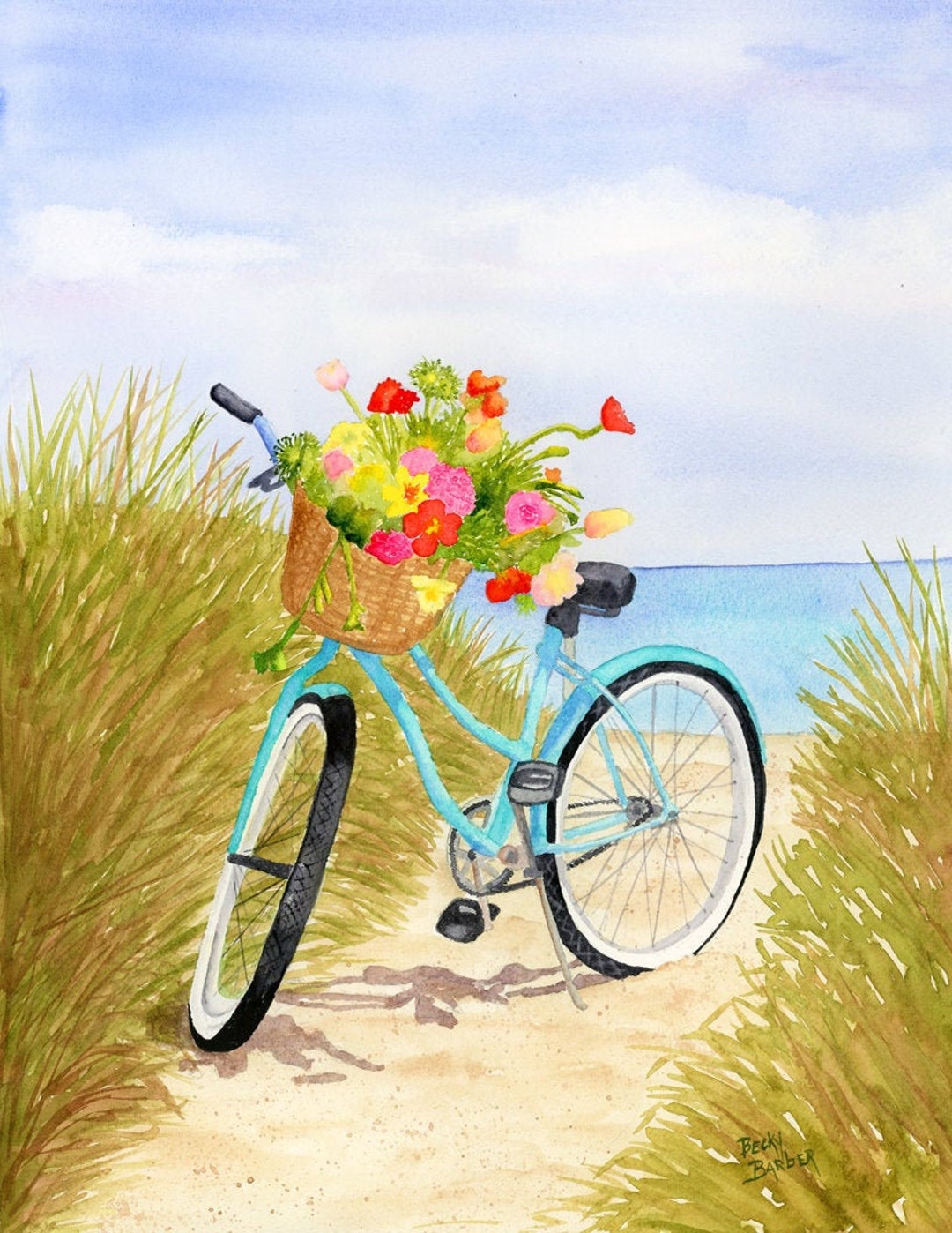 Bicycle/ Watercolor/ Bike on Beach / Coastal Decor/ Cruiser Bike