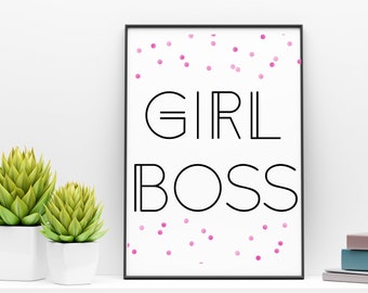 Ilustración de jefa imprimible / Impresión de lunares rosas / Arte de oficina / Arte imprimible de oficina / Ilustración de jefa / Descarga instantánea / Jefa