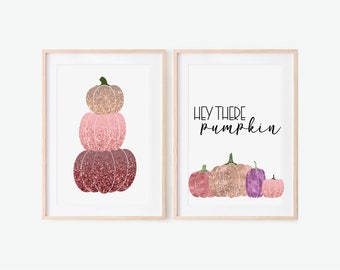 Impresión de calabazas con purpurina rosa / Impresión de "Hola calabaza" / 2 diseños imprimibles de otoño / Impresión de calabazas / Diseño de otoño / Calabaza con purpurina dorada