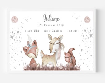 Birth Picture Display DIN A4 Personalized Display Birth Poster Children's Picture Print Forest Animals Children's Room