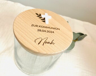 Personalisiertes Vorratsglas mit Holzdeckel, Geschenk, Geschenkidee, Kommunion, Taufe, Konfirmation, Geldgeschenk, Keksdose, Kleinigkeit