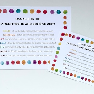 May include: Two colorful thank you cards with a border of painted dots. The text on the cards reads "Danke fur die Farbenfrohe und schone Zeit!" which translates to "Thank you for the colorful and beautiful time!" The cards list the colors of the dots and what they represent.