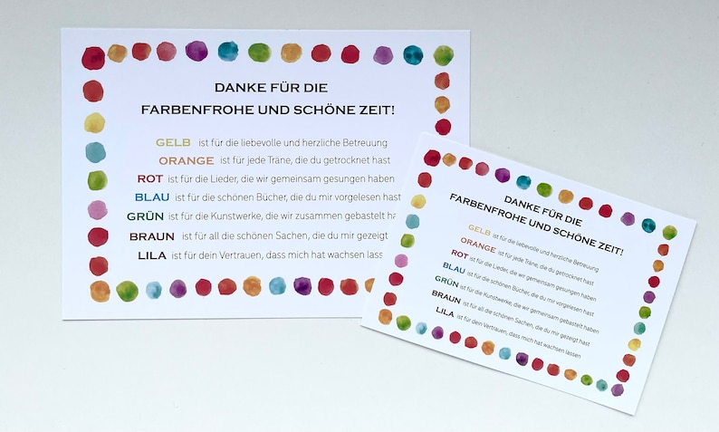 May include: Two colorful thank you cards with a border of painted dots. The text on the cards reads "Danke fur die Farbenfrohe und schone Zeit!" which translates to "Thank you for the colorful and beautiful time!" The cards list the colors of the dots and what they represent.