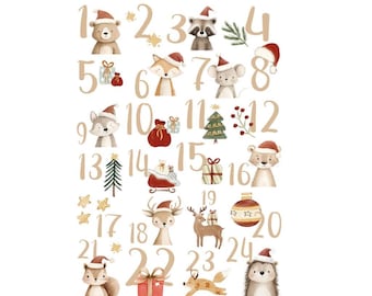 May include: A charming Christmas advent calendar with watercolour illustrations of woodland creatures in Santa hats. Numbers 1-24 are shown with festive elements such as gifts, baubles, and a Christmas tree. The design is set against a white backdrop.