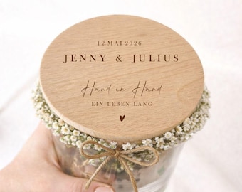 Personalized wedding gift glass with engraved wooden lid | Gift for bride and groom with names & date | Wedding keepsake hand in hand