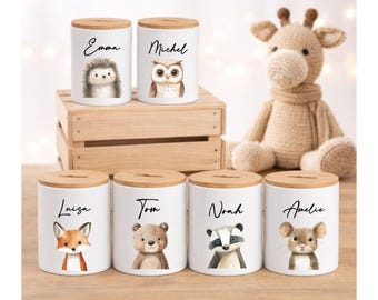 Personalisierte Spardose Keramik mit Bambusdeckel – Sparschwein mit Namen – Geschenk für Kinder, Baby, Taufe, Geburtstag