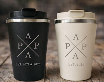 Personalisierter Thermobecher Papa mit Gravur – Geschenk für Papa Vatertag Geburtstag Weihnachten Edelstahl Kaffeebecher To Go mit EST Jahr