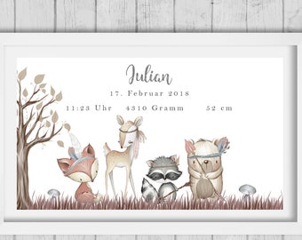 Birth display A4 Personalised display birth poster children's picture print forest animals poster