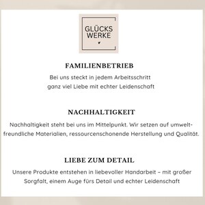 May include: A cream-coloured card with German text. The top left corner has a logo reading "GL&Uuml;CKS WERKE". The text details the company's values: family business, sustainability, and attention to detail.