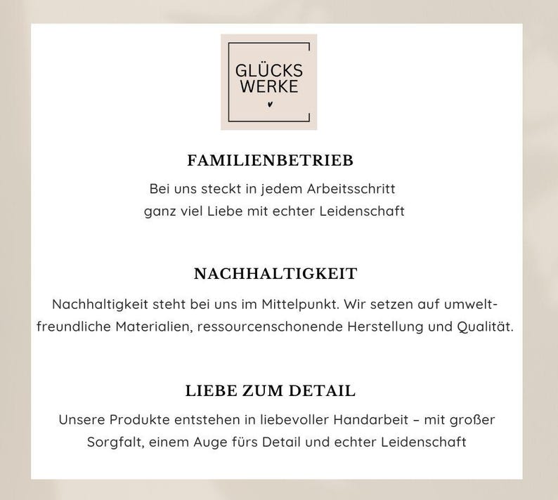 May include: A cream-coloured card with German text. The top left corner has a logo reading "GL&Uuml;CKS WERKE". The text details the company's values: family business, sustainability, and attention to detail.