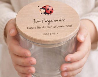 Personalized farewell gift for kindergarten teacher: glass jar with ladybug design | Thank you kindergarten gift | Individually personalized with name | Kindergarten farewell