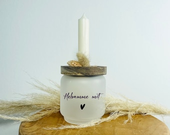 Cadeau sage-femme, pot avec bougie, boîte de rangement, photophore personnalisé, bougie, enfant, bébé, sage-femme avec coeur