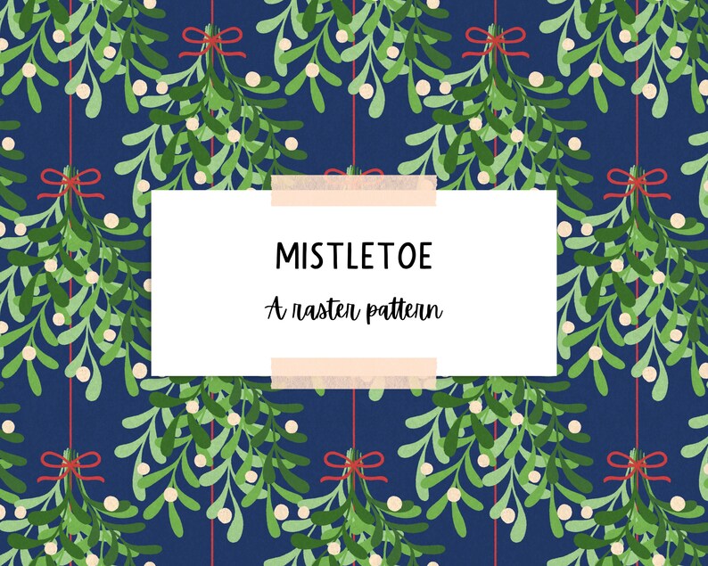 Pu&ograve; includere: Un motivo ripetuto di vischio verde con bacche bianche e fiocchi rossi su sfondo blu scuro. Il testo "MISTLETOE" e "A raster pattern" &egrave; visualizzato su un rettangolo bianco.