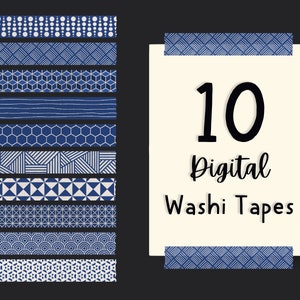 May include: Ten digital washi tapes with blue and white geometric patterns. The tapes are arranged vertically on a black background. The text "10 Digital Washi Tapes" is written in black on a white background.