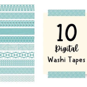 Peut inclure: Dix rubans washi numériques avec différents motifs géométriques dans des tons de bleu et de blanc. Les rubans sont présentés sur un fond blanc avec un rectangle beige qui indique "10 Rubans Washi Numériques".