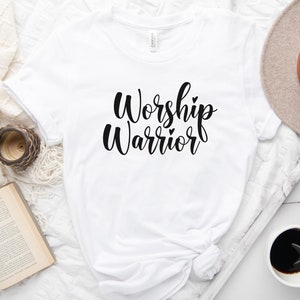 Christian Crewneck Tshirt, Worship Warrior Shirt, Unisex Tee with Black Print, Religious Apparel, Men Women Church Clothes, Worship the Lord