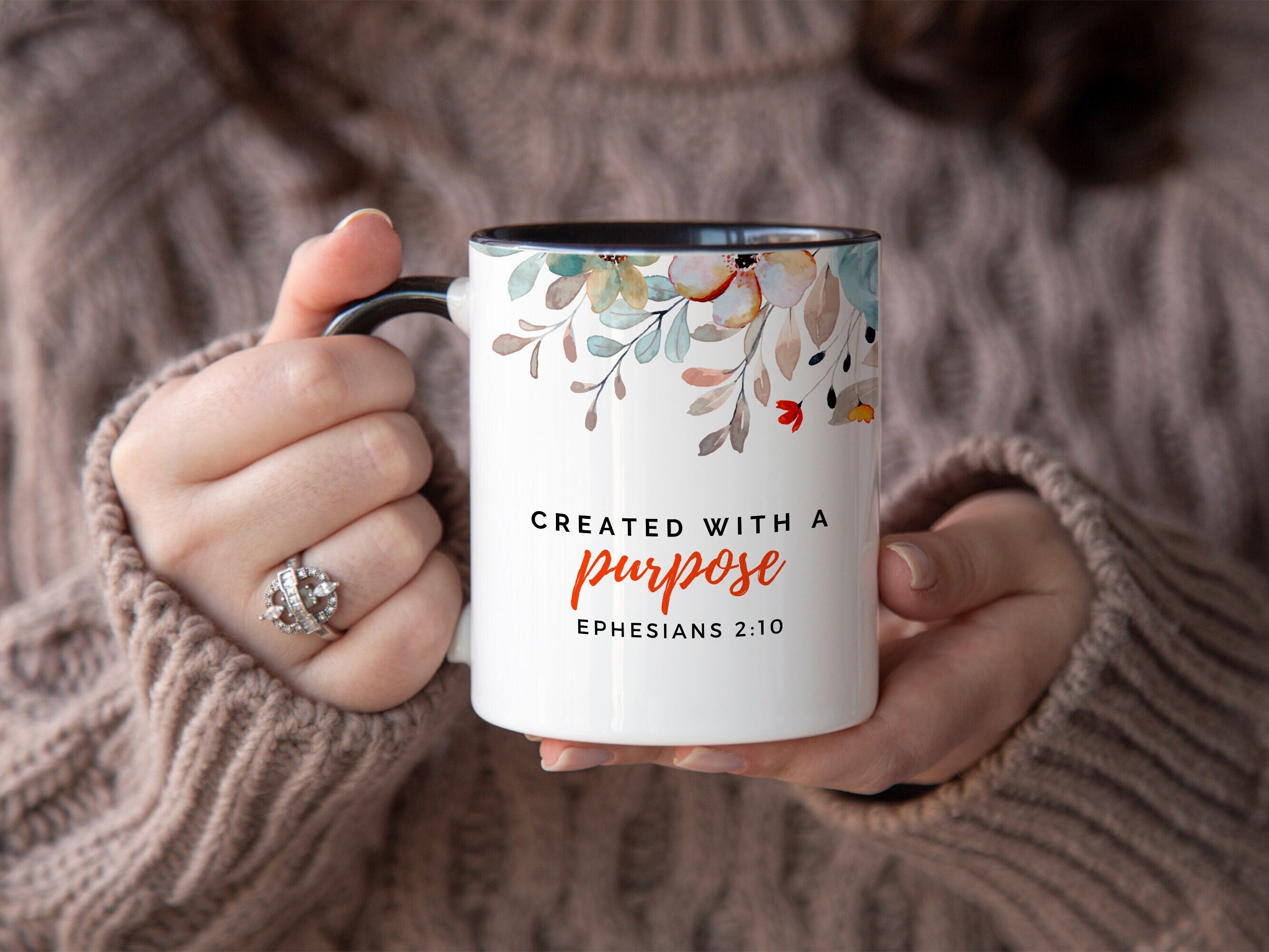Bible Verse Mug, Created with a Purpose Pastel Flower Watercolor Accent Coffee Mug, Nature Lover Gift, Botanical Two Tone Tea Cup