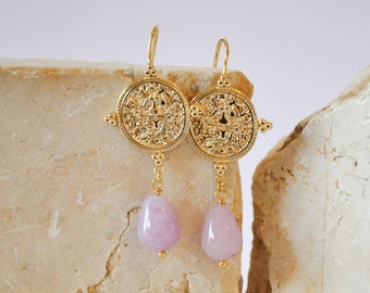 Boucles d'oreilles pièce de monnaie et perle goutte Améthyste en plaqué or 24k, nickel free, cadeau personnalisé, saint valentin