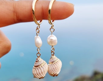 Gold Dangle shellfish whelk and pearl hoop earrings, 18k gold filled hoop, summer earrings, minimalist, shell earrings, custom earrings