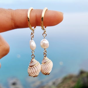 Gold Dangle shellfish whelk and pearl hoop earrings, 18k gold filled hoop, summer earrings, minimalist, shell earrings, custom earrings