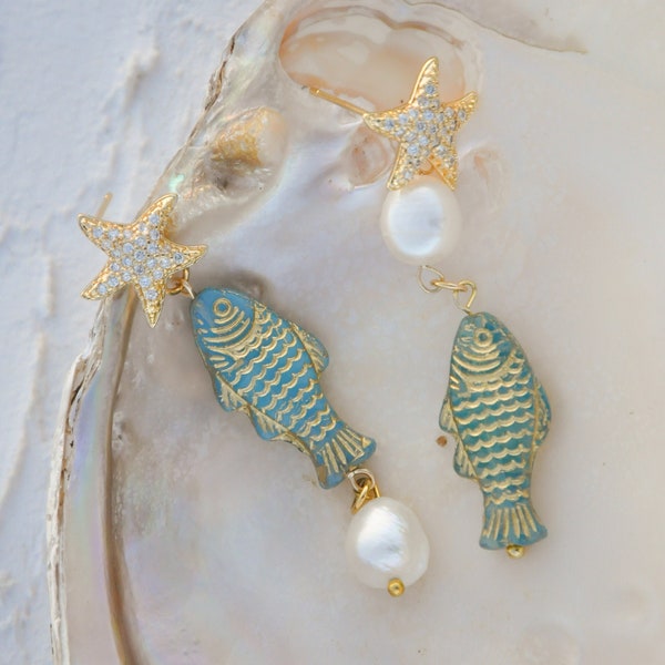 Boucles d'oreilles poisson en cristal bleu turquoise , boucle d'oreille étoile de mer plaqué or 24 carats, cadeau personnalisé