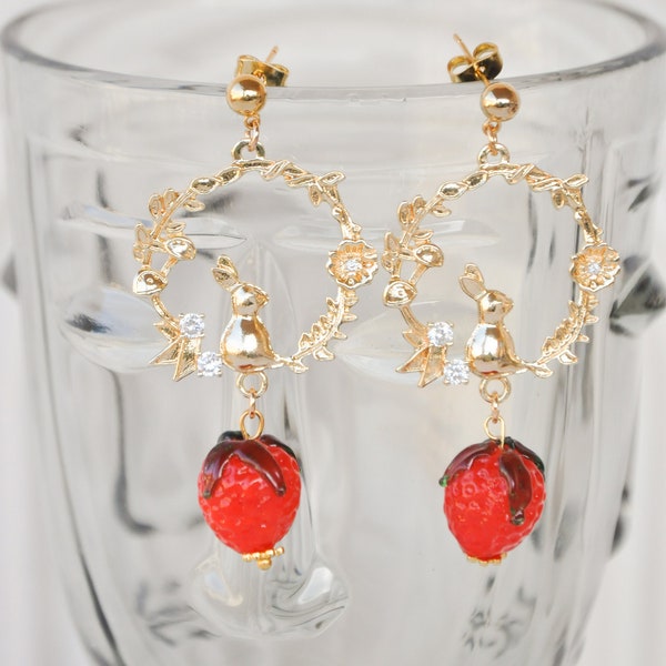 Alice in the wonderland rabbit and strawberry earrings, crown flower czech crystal earrings. red summer fruit earrings, custom