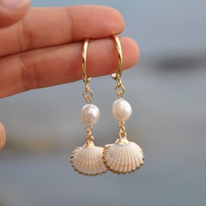 Gold Dangle shell and pearl hoop earrings, 18k gold filled hoop earings, summer earrings, minimalist hoops, shell earrings, custom earrings