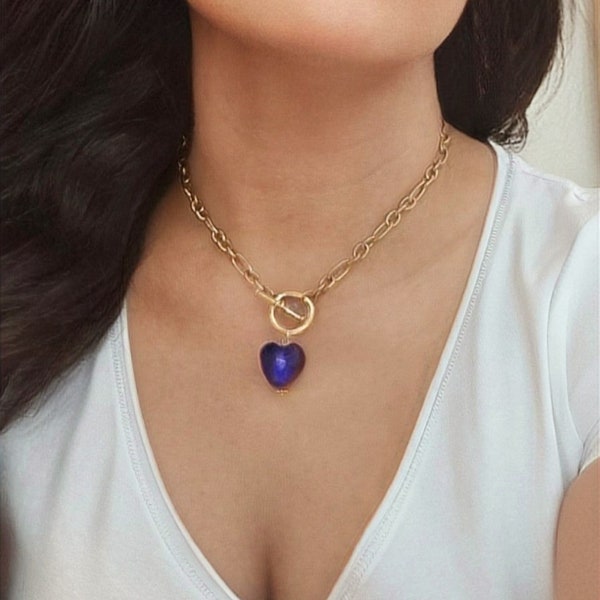 Collier ras du cou maille en acier inoxydable plaqué or 18k, gros collier pendentif cœur bleu, fermoir en T, minimaliste, cadeau pour elle