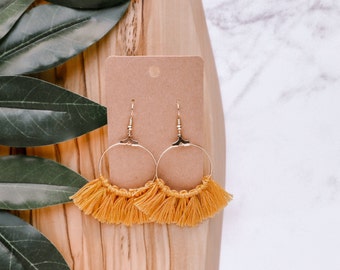 Mustard Tassel Fan Earrings, Gold Hoops, Handmade Lightweight Earrings