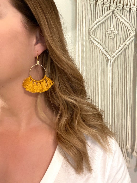 Fan Tassel Earrings Mustard Color Fan Fringe Earrings Fringe