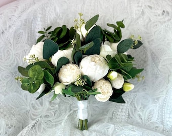 Classic white bridal bouquet, all white peony bouquet, elegant white wedding package, modern wedding flowers, faux floral bridal flowers
