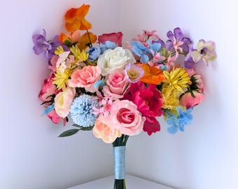 Bright Pastel Wildflower Bridal Bouquet, Pink, Yellow, Blue & Lavender Faux Wedding Flowers