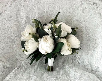 Classic white bridal bouquet, all white peony bouquet, elegant white wedding, simple wedding flowers, faux floral bridesmaid's bouquet