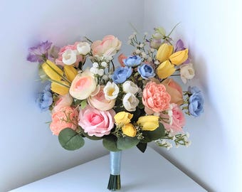 Pastel Wildflower Bridal Bouquet: Pink, Yellow & Blue Faux Flowers
